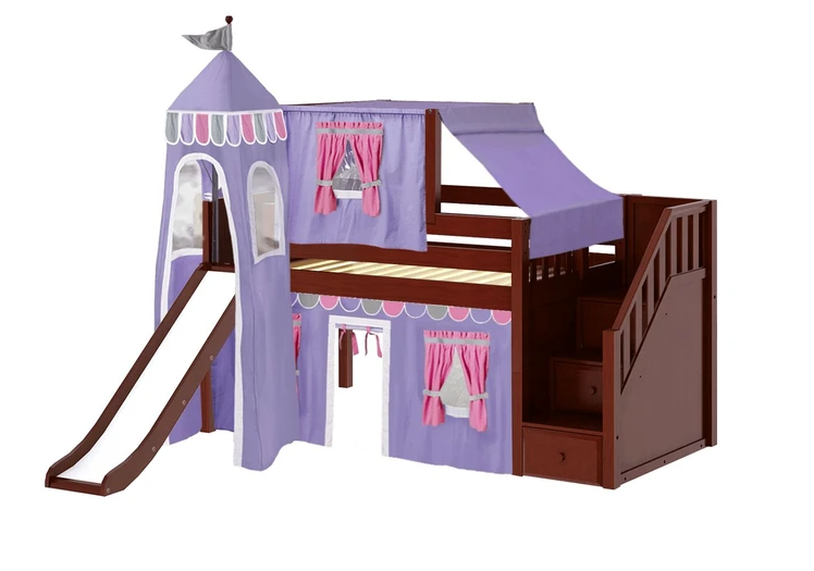 Twin Low Loft Bed with Stairs, Curtain, Top Tent, Tower + Slide