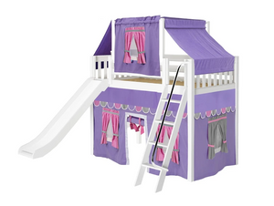 Twin Mid Loft Bed with Angled Ladder, Curtain, Top Tent + Slide